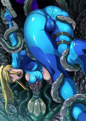 1girl ass bdsm blonde_hair bodysuit bondage bound grabbing_another&#039;s_breast breast_sucking breasts butcha-u cameltoe cleft_of_venus grabbing gun large_breasts long_hair metroid mole monster nintendo open_mouth ponytail rape samus_aran skin_tight skindentation solo tentacles top-down_bottom-up torn_clothes trigger_discipline weapon wince zero_suit rating:Explicit score:178 user:thebatman