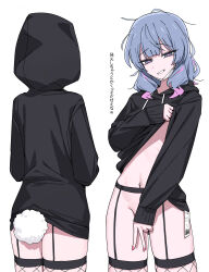  1girl absurdres anal_tail black_garter_straps black_hoodie blue_eyes blue_hair bottomless butt_plug channel_(_caststation) clothes_lift commentary_request fake_tail fingernails fishnet_thighhighs fishnets from_behind garter_straps gradient_hair hatsune_miku highres hood hood_down hood_up hoodie hoodie_lift lifted_by_self looking_at_viewer mask mask_lift mouth_mask multicolored_hair multiple_views navel navel_piercing no_panties piercing pink_hair price_tag rabbit_hole_(vocaloid) rabbit_tail sex_toy short_hair simple_background smile stomach tail thighhighs translation_request v vocaloid white_background white_mask  rating:Questionable score:128 user:danbooru