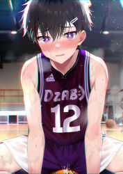  1boy absurdres artist_logo artist_name ball basketball_(object) basketball_jersey black_hair blush bulge cum cum_on_clothes deleted_pixiv_user domeza ejaculation_under_clothes erection erection_under_clothes gym highres looking_at_viewer male_focus original purple_eyes shota sitting sitting_on_object sportswear sweat sweatdrop  rating:Explicit score:39 user:oxi-oxi