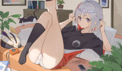  1girl alternate_costume ass black_shirt black_socks breasts cabinet camera cat couch digital_media_player earphones food_in_mouth foot_out_of_frame grey_hair highres holding holding_earphones honkai:_star_rail honkai_(series) indoors kneehighs knees_up looking_at_viewer lycsakd lying medium_breasts multicolored_hair numby_(honkai:_star_rail) on_back on_couch outstretched_leg panties pillow plant potted_plant purple_eyes reclining red_hair red_shirt shirt socks solo streaked_hair thighs topaz_(honkai:_star_rail) trotter_(honkai:_star_rail) underwear white_panties  rating:Sensitive score:25 user:danbooru