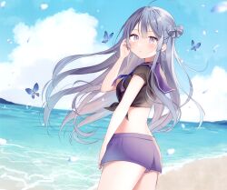 1girl absurdres ahoge beach black_shirt bow-shaped_hair breasts bug butterfly cowboy_shot crop_top day from_side grey_eyes grey_hair hand_on_own_cheek hand_on_own_face hand_up highres insect long_hair looking_at_viewer looking_to_the_side midriff ocean original outdoors parted_lips purple_shorts sailor_collar scan shiino_sera shirt short_shorts short_sleeves shorts side-tie_shirt small_breasts solo standing thighs very_long_hair 