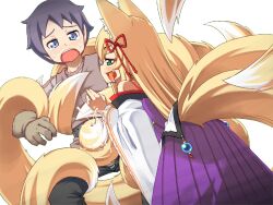  1boy 1girl animal_ear_fluff animal_ears back_tattoo bare_shoulders belt black_belt black_pants blonde_hair blue_eyes blush bmp-to-png_conversion brown_gloves brown_tunic cum cum_on_clothes cum_on_tail ejaculation eyeshadow fang fox_ears fox_girl fox_tail game_cg gloves green_eyes hair_ribbon hakama hakama_skirt half-closed_eyes hand_up hetero japanese_clothes jingai_modoki kimono kitsune loli lolibaba long_hair long_sleeves looking_down luka_(mon-musu_quest!) makeup mon-musu_quest! monster_girl multiple_tails neck_tattoo nervous_sweating non-web_source open_mouth pants purple_hair purple_hakama red_eyeshadow red_ribbon ribbon shirt short_hair shota simple_background skirt slit_pupils snake_bondage sweat tail tailjob tamamo_(mon-musu_quest!) tattoo tears teeth tongue tongue_out transparent_background upper_teeth_only very_long_hair white_kimono white_shirt wide_sleeves 