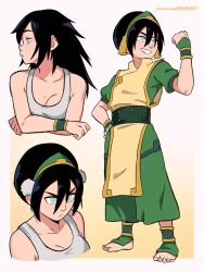  1girl :/ absurdres avatar:_the_last_airbender avatar_legends barefoot blind breasts crossed_arms dashi_(dashiart) frown hair_bun hair_down highres simple_background single_hair_bun smile solo standing tank_top toph_bei_fong 