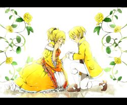 1boy 1girl aku_no_meshitsukai_(vocaloid) aku_no_musume_(vocaloid) allen_avadonia blonde_hair bloom bow brother_and_sister brown_footwear buttons choker closed_eyes crying dress earrings evillious_nendaiki flower frilled_dress frills glowing hair_bow hair_ornament hair_ribbon hairclip hand_grab hand_on_own_cheek hand_on_own_face highres jacket jewelry kagamine_len kagamine_rin kneeling leaf letterboxed long_sleeves neo_kabocha orange_ribbon plant ponytail reflection ribbon riliane_lucifen_d&#039;autriche rose shoes shorts siblings smile sparkle tears twins updo vines vocaloid white_legwear yellow_dress yellow_flower yellow_jacket rating:Sensitive score:2 user:danbooru