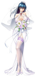 1girl alternate_costume bare_shoulders blue_eyes blue_hair bouquet breasts breasts_apart bridal_veil bride closed_mouth collarbone commentary contrapposto dress flower full_body garter_straps gem hair_between_eyes high_ponytail highres holding holding_bouquet holding_flower igawa_asagi kagami_hirotaka lace lace-trimmed_legwear lace_trim large_breasts long_hair looking_at_viewer official_alternate_costume official_art own_hands_together simple_background smile solo standing taimanin_(series) taimanin_asagi thighhighs veil wedding_dress white_background white_dress white_thighhighs rating:Sensitive score:91 user:danbooru