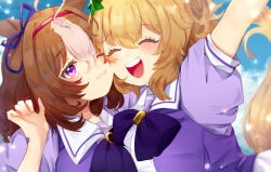  2girls :d :t absurdres ahoge animal_ears arm_up asymmetrical_docking blonde_hair blue_ribbon blush bow bowtie breast_press breasts brown_hair cheek-to-cheek closed_eyes commentary_request hair_between_eyes hair_ornament hair_ribbon hairband hand_up happy heads_together highres horse_ears horse_girl horse_tail horseshoe_ornament large_breasts light_brown_hair medium_hair meisho_doto_(umamusume) multicolored_hair multiple_girls one_eye_closed open_mouth ponytail puffy_short_sleeves puffy_sleeves purple_bow purple_bowtie purple_eyes purple_sailor_collar purple_shirt ribbon sailor_collar sailor_shirt school_uniform serafuku shirt short_sleeves signature sky smile star_(symbol) star_hair_ornament streaked_hair summer_uniform taiki_shuttle_(umamusume) tail teeth tracen_school_uniform two-tone_hair uchisaki_himari umamusume upper_body upper_teeth_only wavy_mouth white_hair 
