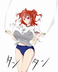  1girl bouncing_breasts breasts buruma female_focus gym_uniform hair_bobbles hair_ornament huge_breasts jumping onozuka_komachi playing_sports red_eyes red_hair shirt short_twintails simple_background solo standing touhou tsubaki_(pixiv526735) twintails white_background 