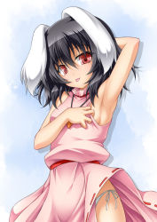 1girl :p animal_ears arm_up armpits black_hair blush breasts rabbit_ears dress inaba_tewi jewelry looking_at_viewer necklace panties pink_dress red_eyes roura short_hair side-tie_panties sideboob small_breasts smile solo tongue tongue_out touhou underwear white_panties rating:Sensitive score:26 user:danbooru