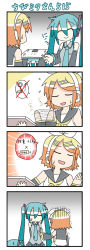 3girls 4koma =_= ^_^ blonde_hair carrying chibi_miku comic closed_eyes gloom_(expression) green_hair hair_ornament hatsune_miku headphones kagamine_rin long_hair minami_(colorful_palette) multiple_girls necktie open_mouth sailor_collar short_hair silent_comic smile sweat translation_request trembling twintails vocaloid weighing_scale |_| rating:General score:2 user:danbooru