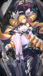  1girl blonde_hair blue_eyes buttons claws collar detached_sleeves double-breasted drill_hair final_gear frown full_body grey_footwear grid_background hair_ribbon hair_tie hand_on_own_head hand_on_own_knee head_tilt highres lilian_(final_gear) long_hair looking_at_viewer mecha metal_collar metal_gloves official_art pantyhose puffy_sleeves ribbon robot sitting solo tube twin_drills twintails very_long_hair white_hair_ribbon white_pantyhose white_ribbon white_sleeves 