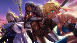3girls :p aoi_nagisa_(metalder) aqua_eyes armor blonde_hair breasts cape covered_erect_nipples crossed_arms curvy dark-skinned_female dark_skin delva_celebrian elda_ballad elf fur_trim game_cg gloves gradient_hair hair_over_one_eye hand_on_own_hip happy holding huge_breasts long_hair misery_stentrem multicolored_hair multiple_girls naughty_face navel nipples pointy_ears serious shiny_skin short_hair sky slingshot_swimsuit smile swimsuit thighhighs thong tongue tongue_out weapon yellow_eyes youkoso!_sukebe_elf_no_mori_e rating:Questionable score:69 user:fakyuh
