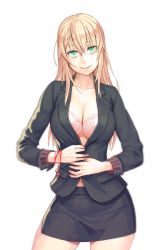 1girl blonde_hair bra bracelet breasts cleavage contrapposto female_focus green_eyes head_tilt jacket jewelry large_breasts light_smile long_hair mustard_seeds narrow_waist no_shirt office_lady original pencil_skirt pink_bra simple_background skirt smile solo standing string string_of_fate underwear white_background yuuji_(and)