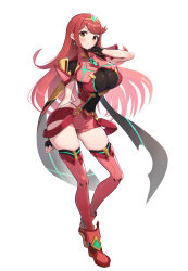  1girl absurdres alternate_hair_length alternate_hairstyle arm_behind_back armor backless_outfit black_gloves breasts chest_jewel drop_earrings earrings fingerless_gloves full_body g-string gem gloves gluteal_fold gonzarez highres impossible_clothes jewelry large_breasts long_hair micro_shorts neon_trim pyra_(xenoblade) red_eyes red_hair red_shorts red_thighhighs short_shorts short_sleeves shorts shoulder_armor skindentation smile solo suspenders swept_bangs thick_thighs thighhighs thighs thong tiara very_long_hair xenoblade_chronicles_(series) xenoblade_chronicles_2 