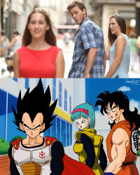  1girl 2boys absurdres anime_coloring black_eyes black_hair blue_eyes blue_hair breasts building bulma cape commentary_request cross_scar distracted_boyfriend_(meme) dougi dragon_ball dragonball_z facial_scar frown furrowed_brow hairband half-closed_eyes highres medium_breasts meme multiple_boys muscular muscular_male official_style open_mouth photo-referenced photo_inset railing red_cape red_hairband reference_inset saiyan_armor salvamakoto scar scar_on_cheek scar_on_face signature smile spanish_commentary sweatdrop vegeta widow&#039;s_peak wristband yamcha 