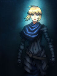 1girl ahoge armor artoria_pendragon_(fate) artorias_the_abysswalker artorias_the_abysswalker_(cosplay) belt blonde_hair blue_cape blue_eyes cape chainmail cosplay crossover dark_souls_(series) dark_souls_i facing_viewer fate_(series) gauntlets highres knight pauldrons redteneri short_hair shoulder_armor sidelocks solo torn_cape torn_clothes twitter_username 