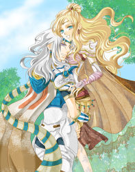  1990s_(style) 1boy 1girl aosena armor blonde_hair bridal_gauntlets cape carrying cecil_harvey couple earrings final_fantasy final_fantasy_iv green_eyes hair_ornament headband jewelry leotard long_hair looking_back open_mouth purple_eyes rosa_farrell scarf shoulder_pads silver_hair sky smile tiara tree 