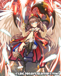  10s 1girl bird_wings blue_eyes brown_hair claws dress facial_tattoo feathers flat_chest hat long_hair looking_at_viewer midriff monster_girl navel patricia_(stylish_marunage) red_dress revealing_clothes solo tattoo very_long_hair wings wixoss  rating:Sensitive score:7 user:danbooru