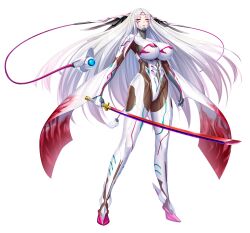  1girl absurdres aoi_nagisa_(metalder) breasts closed_eyes closed_mouth full_body high_heels highres huge_breasts kiichi_azusa lilith-soft long_hair official_art smile solo sword taimanin_(series) taimanin_rpgx taimanin_suit very_long_hair weapon white_hair  rating:Sensitive score:35 user:deltaonix