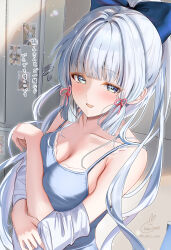  1girl alternate_costume artist_name ayaka_(genshin_impact) bare_shoulders blue_bow blue_camisole blue_eyes blue_hair blunt_bangs blush bow breasts camisole cleavage collarbone commentary_request genshin_impact hair_bow hair_intakes hair_ribbon highres indoors kabu_usagi light_blue_hair light_particles locker long_hair looking_at_viewer lumine_(genshin_impact) medium_breasts mole mole_under_eye open_mouth paid_reward_available photo_(object) pink_ribbon ponytail ribbon shirt signature smile solo spaghetti_strap translated upper_body white_shirt 