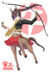  1girl 2014 animal_ears blue_eyes bow_(weapon) brown_hair centaur chinese_zodiac commentary_request gloves horse_ears kurakumo_nue long_hair monster_girl nengajou new_year open_mouth original ponytail solo taur weapon year_of_the_horse 