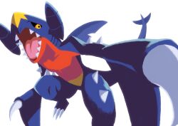  arm_blade artist_request black_sclera blue_skin claws colored_sclera colored_skin creatures_(company) dragon game_freak garchomp gen_4_pokemon highres jumping looking_at_viewer nintendo pokemon pokemon_(creature) sharp_teeth simple_background solo teeth twitter_username weapon white_background yellow_eyes 
