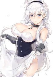 1girl apron apron_lift azur_lane bare_shoulders belfast_(azur_lane) blue_eyes blush braid breasts buttons chain cleavage clothes_lift collar collarbone corset french_braid frilled_apron frills garter_straps gauntlets gloves highres hip_focus kyouki large_breasts long_hair looking_at_viewer maid maid_headdress parted_lips petals silver_hair simple_background skirt solo swept_bangs thighhighs thighs white_background white_gloves white_skirt white_thighhighs rating:Sensitive score:29 user:danbooru
