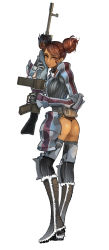  00s 1girl absurdres armor ass bad_id bad_pixiv_id boots brigitte_stark brown_hair cecetiv choker double_bun elbow_pads faulds female_focus freckles gloves gun highres knee_pads long_hair long_image looking_back military military_uniform panties red_eyes red_hair rifle senjou_no_valkyria_(series) senjou_no_valkyria_1 solo tall_image thong underwear uniform weapon 