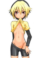  00s bike_shorts black_hair blonde_hair choutako clothes_lift clothes_pull hikaru_no_go mouth_hold multicolored_hair red_eyes shindou_hikaru shirt shirt_lift short_hair shorts shorts_pull spandex t-shirt  rating:Questionable score:15 user:PGM