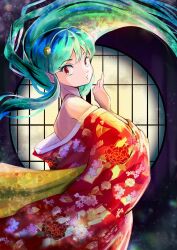  1girl aqua_hair artist_name bare_shoulders cone_horns floral_print_kimono from_side highres horns japanese_clothes kimono long_hair looking_to_the_side lum miz_mus parted_lips pointy_ears red_eyes red_kimono solo standing urusei_yatsura 