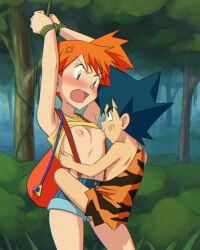  1boy 1girl absurdres anger_vein arms_up bag blue_shorts blush bound bound_wrists breast_sucking breasts bush clothes_lift commentary_request creatures_(company) day eyelashes game_freak green_eyes hetero highres miraa_(chikurin) misty_(pokemon) nintendo nipples open_mouth orange_hair outdoors own_hands_together pokemon pokemon_(anime) pokemon_(classic_anime) shirt shirt_lift shorts shota side_ponytail sweatdrop tommy_(pokemon_ep034) tree yellow_shirt 
