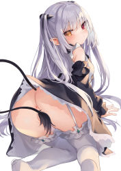 1girl all_fours anus ass black_dress black_horns blush breasts chloe_lilith_stella demon_girl demon_horns demon_tail detached_sleeves dress duplicate eyelashes female_focus frilled_dress frills from_behind garter_straps grey_hair heterochromia highres horns kedama_milk kiss_kiss_drain loli long_hair looking_back no_panties original partially_visible_vulva pixel-perfect_duplicate pointy_ears red_eyes sidelocks simple_background slit_pupils small_breasts solo tail thighhighs very_long_hair white_background white_thighhighs yellow_eyes rating:Explicit score:189 user:danbooru