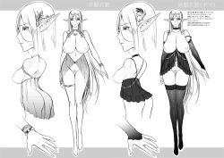 1girl ass blonde_hair bottomless breasts character_sheet concept_art curvy elf elieen_(usaginagomu) huge_breasts large_breasts monochrome multiple_views nipples pointy_ears pubic_hair pussy see-through simple_background sketch thick_thighs thigh_gap thighhighs thighs usagi_nagomu rating:Explicit score:35 user:cheezeit