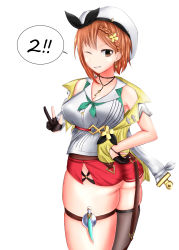 1girl absurdres ass atelier_(series) atelier_ryza atelier_ryza_2 bare_shoulders breasts brown_eyes brown_hair gloves grin hair_ornament hair_ribbon hairclip hat highres large_breasts looking_at_viewer mozukumen one_eye_closed red_shorts reisalin_stout ribbon shiny_skin short_hair short_shorts shorts single_glove single_thighhigh smile solo thigh_strap thighhighs rating:Questionable score:4 user:armorcrystal