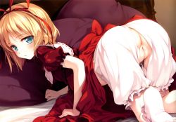  1girl absurdres all_fours anus ass blonde_hair bloomers blue_eyes bobby_socks cleft_of_venus clothes_lift crotch_cutout crotchless crotchless_bloomers crotchless_panties dress dress_lift feet flat_chest from_behind hair_ribbon highres ke-ta loli looking_back medicine_melancholy no_shoes panties pussy ribbon short_hair socks solo third-party_edit touhou uncensored underwear white_socks  rating:Explicit score:382 user:huzzaman