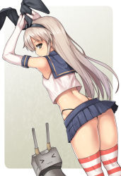 &gt;_&lt; 10s 1girl :&lt; adjusting_clothes adjusting_headwear animal_ears armpits ass black_panties blonde_hair blush brown_eyes closed_eyes crop_top crop_top_overhang elbow_gloves fake_animal_ears from_behind gloves kantai_collection looking_back midriff nagase_haruhito panties personification rabbit_ears rensouhou-chan sailor_collar school_uniform serafuku shimakaze_(kancolle) skirt solo string_panties striped_clothes striped_thighhighs thighhighs thighs thong underwear whale_tail_(clothing) rating:Questionable score:42 user:danbooru