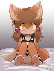  1boy animal_ear_fluff animal_ears barefoot beads between_legs brown_eyes brown_hair covering_crotch covering_privates dagashi_(daga2626) dress fangs feet fox_ears fox_tail furry furry_male grey_background hair_beads hair_ornament hand_between_legs highres knees_up long_hair looking_at_viewer male_focus original perro-kun_(dagasi) short_dress simple_background sitting sleeveless sleeveless_dress smile soles solo striped_clothes striped_dress tail trap  rating:Sensitive score:146 user:danbooru