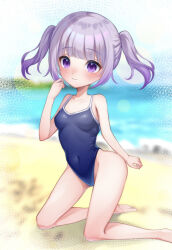  1girl barefoot beach blue_one-piece_swimsuit blue_sky blurry blurry_background breasts cloud competition_school_swimsuit covered_navel day highleg highleg_swimsuit kneeling niro_(niro26) ocean one-piece_swimsuit original outdoors purple_eyes purple_hair school_swimsuit sky small_breasts solo swimsuit twintails  rating:Sensitive score:4 user:danbooru