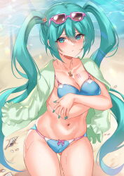  1girl :&lt; beach bear_necklace bikini blue_bikini blue_eyes blue_hair blush breast_tattoo breasts cleavage collarbone commentary_request crossed_arms day gluteal_fold hair_between_eyes hatsune_miku highres inue_ao jewelry long_hair looking_at_viewer medium_breasts navel necklace number_tattoo ocean outdoors sand seashell shell shirt shirt_on_shoulders skindentation solo standing stomach sunglasses sunlight swimsuit tattoo thigh_gap thighs twintails very_long_hair vocaloid water wet white_shirt 