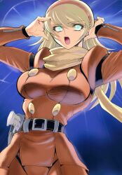  1girl arms_behind_head blonde_hair breasts cyborg_009 green_eyes large_breasts legs long_hair looking_at_viewer open_mouth pants scarf solo thighs 