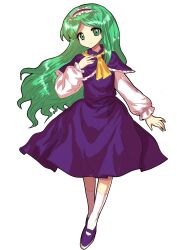  1girl absurdres alphes_(style) ascot bingkuaihei capelet chinese_commentary closed_mouth commentary_request dress flat_chest frilled_capelet frilled_sleeves frills full_body green_eyes green_hair highres layla_prismriver long_hair long_sleeves maid_headdress mary_janes parody purple_capelet purple_dress purple_footwear shirt shoes simple_background smile socks solo style_parody touhou transparent_background white_shirt white_socks yellow_ascot 