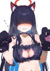 1girl alternate_costume animal_ear_fluff animal_ears animal_hands bikini black_bikini black_choker black_hair blue_archive blue_hair blunt_bangs blush breasts cat_cutout cat_ears cat_lingerie cat_tail choker cleavage clothing_cutout collarbone colored_inner_hair covered_eyes extra extra_ears flying_sweatdrops gloves hair_over_eyes halo justice_task_force_member_(blue_archive) large_breasts long_hair meme_attire mokyutan multicolored_hair navel nose_blush paw_gloves red_halo simple_background solo straight_hair swimsuit tail two-tone_hair upper_body very_long_hair white_background rating:Sensitive score:61 user:danbooru