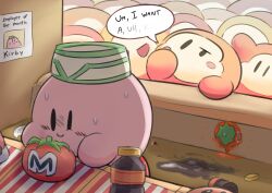  blush_stickers broken_plate car-mouth_cake counter dropped_food energy_drink_(kirby) forced_smile highres kirby kirby_(series) kirby_and_the_forgotten_land kirby_burger maxim_tomato nintendo no_humans plate shibulio solid_oval_eyes sweat too_many waddle_dee 