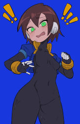  1girl absurdres aile_(mega_man_zx) black_bodysuit blue_background blush bodysuit bodysuit_under_clothes breasts brown_hair buzzlyears commentary covered_navel cowboy_shot cropped_jacket green_eyes highres jacket looking_at_viewer mega_man_(series) mega_man_zx nervous no_pants open_clothes open_jacket robot_ears short_hair simple_background small_breasts solo star_(symbol) tears 