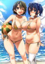 10s 2girls :d :o ;d alternate_costume arms_behind_back asanagi ball bare_shoulders beach beachball belly bikini black_eyes black_hair blue_eyes blue_hair blush breasts brown_eyes brown_hair choker cleavage cloud collarbone colored_eyelashes contrapposto covered_erect_nipples day green_hair groin hair_between_eyes hair_ribbon hand_on_another&#039;s_shoulder heart highres hiryuu_(kancolle) kantai_collection large_breasts leggings looking_at_viewer lowleg lowleg_bikini matching_outfits multiple_girls navel ocean one_eye_closed open_mouth outdoors plump ribbon shadow short_hair side-tie_bikini_bottom skindentation sky smile souryuu_(kancolle) standing strap_gap swimsuit thighhighs twintails white_legwear rating:Questionable score:132 user:Holdencfield