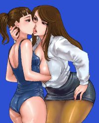 2girls age_difference ass back blue_background grabbing_another&#039;s_breast breasts brown_eyes brown_hair curvy female_pervert french_kiss grabbing hand_under_clothes hand_under_shirt kiss large_breasts lips long_hair lowres matoyama miniskirt multiple_girls oekaki one-piece_swimsuit onee-loli open_clothes open_shirt pantyhose pencil_skirt pervert ponytail saliva school_swimsuit shirt skirt small_breasts swimsuit thick_thighs thighs tongue yuri rating:Questionable score:122 user:danbooru