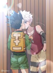  2boys backpack bag bare_shoulders commentary_request cowboy_shot eye_contact gon_freecss green_shorts highres holding_hands hunter_x_hunter killua_zoldyck kiss looking_at_another looking_at_viewer male_focus mochizuki_akari multiple_boys shirt short_hair shorts signature sleeveless spiked_hair standing tank_top white_hair yaoi 