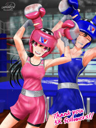  1boy 1girl amabox boxing boxing_gloves boxing_ring sports_bra tag tagme 