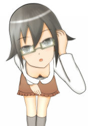  1girl adjusting_hair akeboru bent_over black_eyes black_hair blush bra breasts cleavage downblouse glasses grey_bra hand_on_leg hanging_breasts head_tilt leaning_forward light_blush looking_at_viewer medium_breasts original parted_lips short_hair simple_background skirt solo standing thighhighs underwear white_background 
