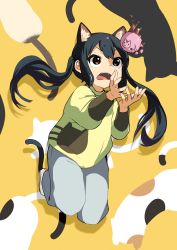  1girl absurdres animal_ear_fluff animal_ears animal_print black_hair brown_eyes cat_ears cat_print cup cupping d:&lt; denim drop_shadow eyebrows green_sweater highres jeans k-on! looking_up mobcap mug nakano_azusa open_mouth orange_background pants shoes sneakers solo sweat sweater tareme tea teeth tongue twintails white_footwear 