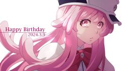  1girl 2024 bleach bleach:_sennen_kessen-hen bow close-up closed_mouth commentary_request dated eyelashes floating_hair frown hair_between_eyes happy_birthday hat highres long_hair looking_at_viewer meninas_mcallon military_hat pink_eyes pink_hair red_bow sidelighting simple_background solo sumire_1046 tareme white_background white_hat 